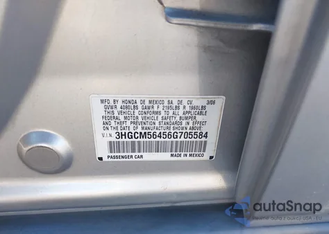 2006 Honda Accord 2.4 Lx из США, поврежденный, VIN 3HGCM56456G705584